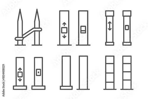 Modular Transport Icons. Icons for: separated conveyance spires, divided motion towers, detached carrier points, split elevation