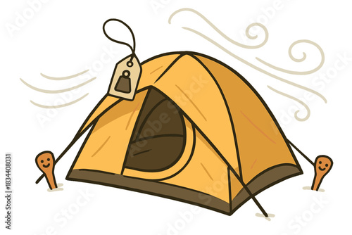 Portable Camping Delight. A lightweight tent with a dangling gram weight tag, smiling stakes and doodle wind lines showing