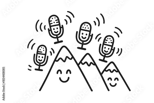 Cheerful Musical Mountains. Doodle-style vector illustration of cheerful mountain peaks with smiling microphones and sound waves