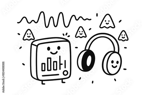 Friendly Sound Analyzer. Doodle-style vector art showing friendly sound analyzer, headphones, and echo graphs surrounded by cute