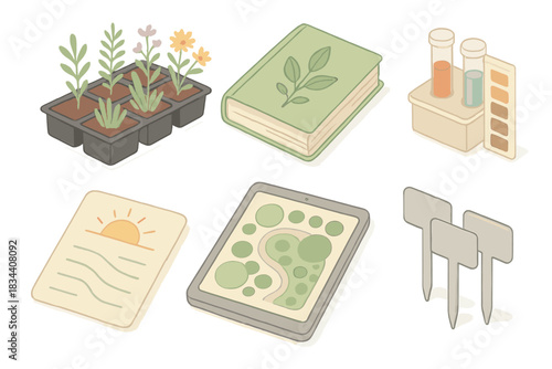 Landscape Design Tools. Isometric vector illustration set of landscape architecture tools: native plant specimen tray, plant