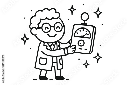 Scientist Under Stars. Adorable doodle vector of scientist character holding a happy sensor device under twinkling stars,