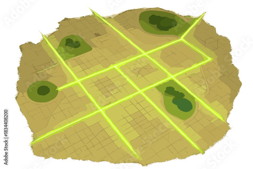 Glowing Bike-Lane Expansion. a bike-lane expansion plan drawn as glowing green lines connecting parks and streets, lime and sand