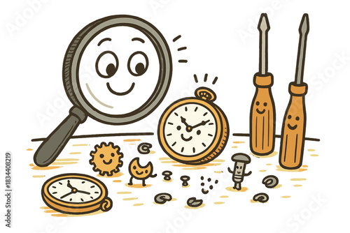 Whimsical Clockmaker's Desk. Whimsical doodle vector of clockmaker’s desk with friendly magnifier, screwdrivers, and tiny watch