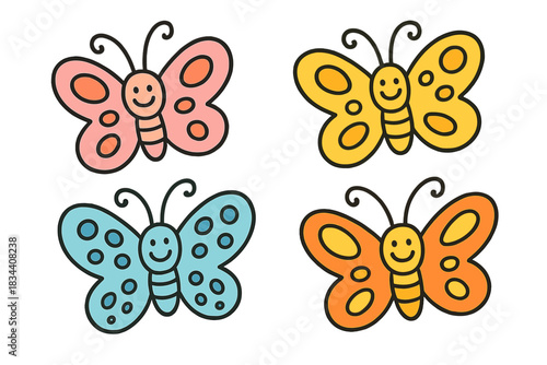 Cheerful Butterflies Doodle. Doodle-style vector illustration of cheerful butterflies with smiling wings showing unique color