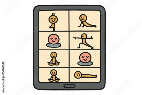 Yoga Class Doodle. Whimsical doodle vector of digital tablet displaying yoga class schedule with joyful icons for poses and