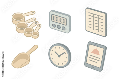 Culinary Tools Icons. Isometric vector illustration set of culinary measurement tools: measuring cups and spoons, digital timer,