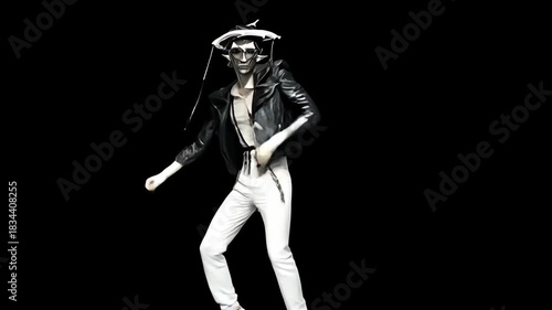 Dynamic Fashion Model in Movement: Edgy Urban Style with Leather Jacket and White Pants in High-Contrast Black Background Portrait