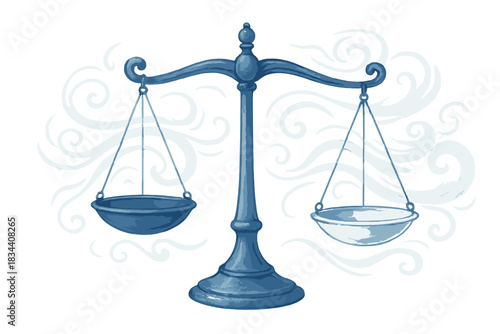 Balanced Air Currents. a calm scale with air currents gently adjusting balance on each side, sapphire and ivory palette, No text,