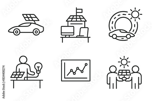 Solar Vehicle Innovations. Line style icons of solar vehicle in education and research: student-built solar car, university solar