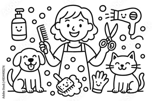 Cheerful Pet Salon. Doodle-style vector illustration of cheerful pet salon with smiling dog, cat, and groomer surrounded by