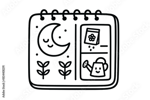Lunar Planting Doodle. Adorable doodle vector of lunar planting planner notebook with smiling moon, seeds, and watering can