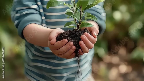 Child Hands Nurturing Young Seedling: Eco-Friendly Growth Concept