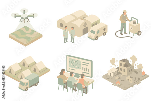 Rapid Relief Operations. Isometric vector illustration set of rapid relief operations: mapping drone scanning terrain, modular