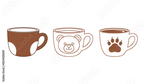 Three stylized coffee mugs with cute designs in brown and white on white background Keywords: mug, cup, coffee, tea, drink, beverage, ceramic, handle, brown, white, outline, illustration, graphic