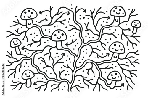Mycelium Pathway Doodles. Doodle-style vector illustration of map-like pattern showing cheerful mycelium pathways transferring