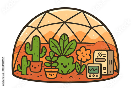Martian Greenhouse Oasis. Adorable doodle vector of greenhouse bubble on Mars filled with joyful plants, air filters, and