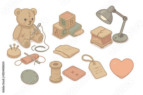 Toy Restoration Icons. Isometric vector illustration set Abandoned toy restoration and memory recovery: worn teddy bear with