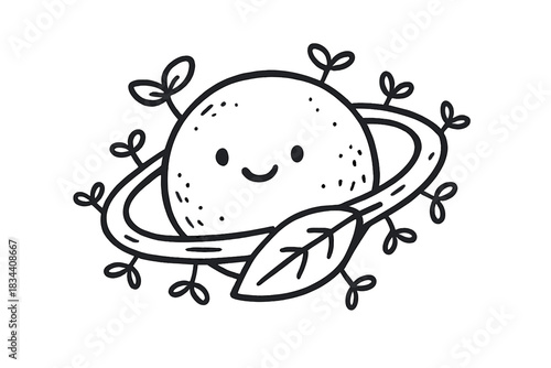 Leaf-Ringed Doodle Planet. Charming doodle planet with leaf-shaped rings orbiting it, tiny sprouts growing along the orbit, No