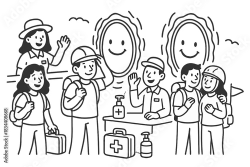 Interdimensional Travel Doodle. Doodle-style vector illustration of cheerful interdimensional travel office with smiling portals,