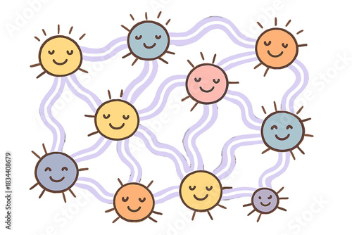 Joyful Neural Connections. Whimsical doodle vector of joyful neural data nodes connected by soft glowing lines forming a map of