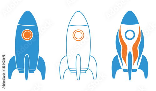 Three stylized rockets in blue and orange colors and outline on white background Keywords: rocket, spaceship, space, launch, travel, exploration, science, technology, future, blue, orange, outline