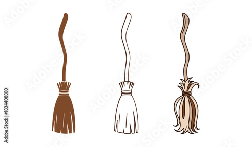 Three stylized brooms in brown and beige colors and outline on white background Keywords: broom, witch, magic, halloween, cleaning, tool, wood, bristles, brown, beige, outline, illustration