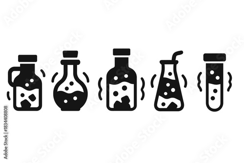 Vibrant Mineral Brews Icons. Solid style icons of vibrating mineral brews: quaking drink, trembling potion, shaking draft,