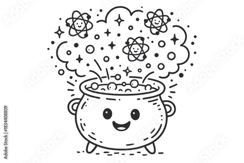 Cheerful Cosmic Cauldron. Doodle-style vector illustration of cheerful cosmic cauldron bubbling with glowing quantum particles and
