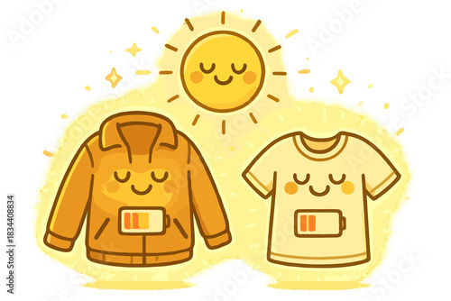 Glowing Clothes Recharge. Adorable doodle vector of glowing jacket and t-shirt characters basking in sunlight and recharging their