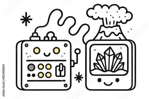 Cheerful Control Panel. Doodle-style vector illustration of cheerful control panel with glowing buttons managing a smiling