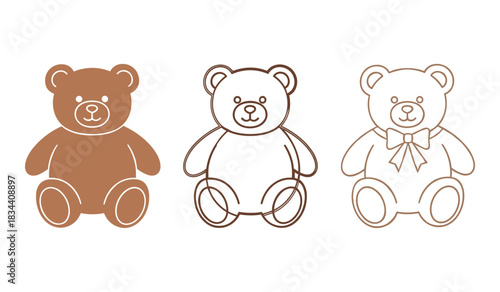 Three stylized teddy bear outlines and solid fill illustrations on a white background stuffed animal