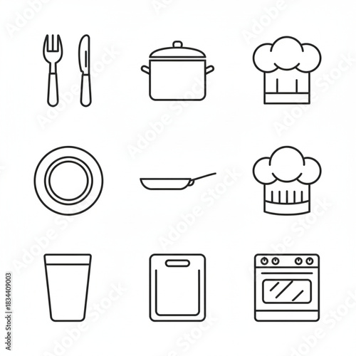 Black and white minimalist food and kitchen vector icon set with fork, spoon, knife, cooking pot, pan, chef hat, plate, cup, chopping board and oven in clean geometric outline illustration style