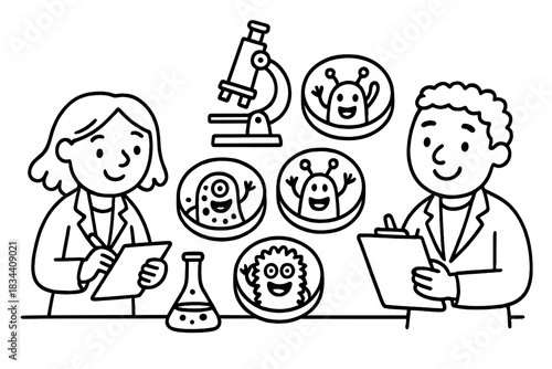 Alien Microbe Discovery. Playful doodle research room with cute alien microbes waving from petri dishes and friendly scientists