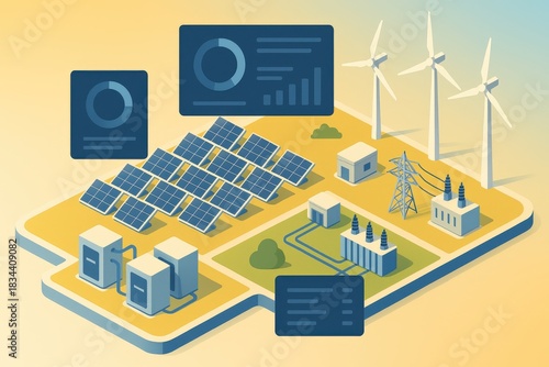 Renewable energy infrastructure showcasing solar panels wind turbines and data analytics elements representing sustainable technology and future oriented energy solutions
