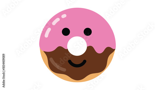 Pink frosted donut with chocolate frosting and a happy face on white background Keywords: donut, doughnut, sweet, dessert, food, pink, chocolate, frosting, glaze, happy face, smile, cute, cartoon