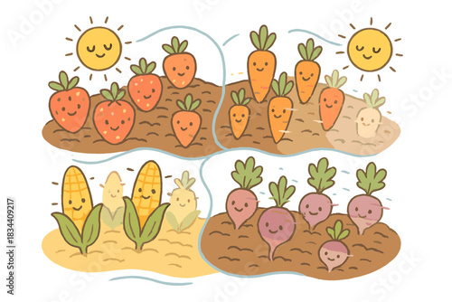 Quantum Crop Zones. Sweet doodle field divided into quantum zones, each with adorable crops phasing through timelines under happy