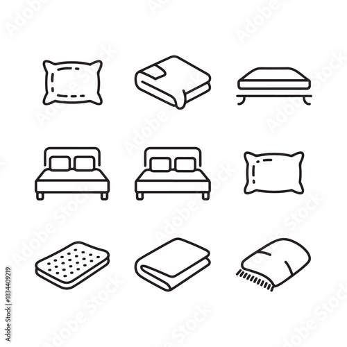 Bedding set vector icons featuring pillows, blankets, mattress, and beds