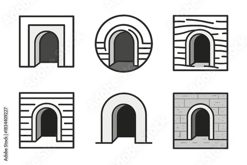 Geometric Doorway Icons. Line style icons of an embedded entrance to understanding: recessed doorway within geometric frame,