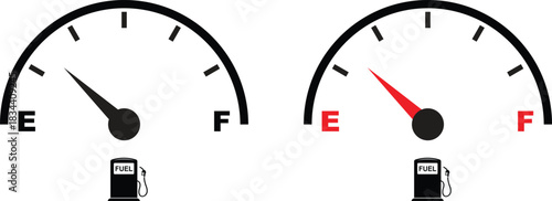 Set of fuel gauge meter icons with full and empty indicator signs. Car dashboard elements showing petrol level. Automotive gas symbol. Vector illustration isolated on transparent background.