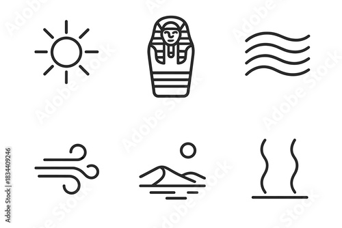 Desert Tomb Icons. Line style icons of hot wind tomb: blazing sun, ancient sarcophagus, dune patterns, airflow lines, desert