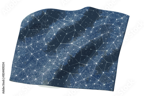 Starry Fabric Pattern. a piece of fabric patterned with delicate constellation lines connecting tiny starlit dots, indigo and