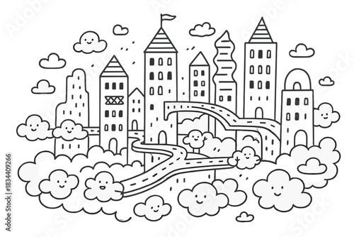 Cloud City Design. An urban plan for a city in the clouds, with doodle towers, floating streets, and tiny happy cloud citizens,