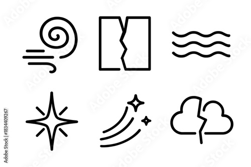 Turbulent Divide Icons. Line style icons of turbulent divide marvels: spiraling wind, cracked barrier, water lines, spark symbol,
