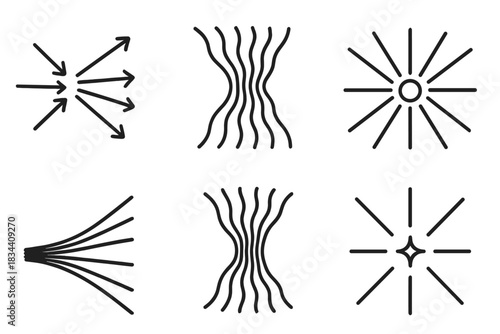 Converging Motion Icons. Line style icons of converging motion: directed flow, rhythmic lines, central highlight, gradient path,