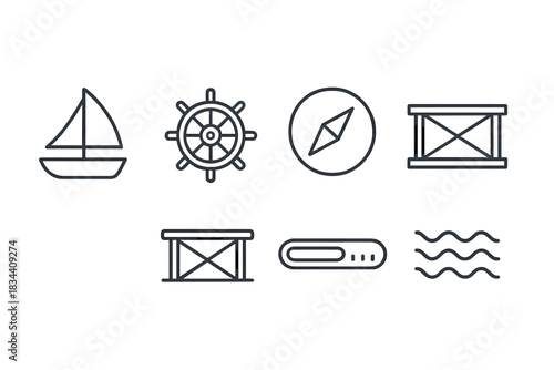 Nautical Line Icons. Line style icons of vessel crossbeam output: sail support, rotating wheel, arrow indicator, marine framework,