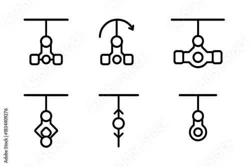 Suspended Hinge Hub Icons. Line style icons of suspended hinge hub: hanging connector, rotation mark, balanced structure,