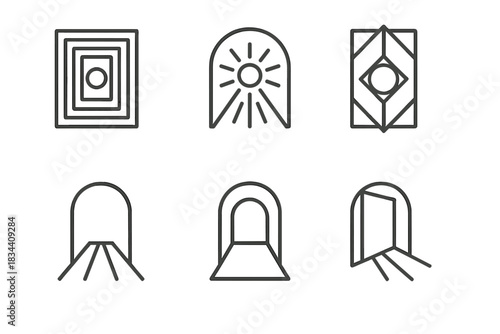 Portal Icons. Line style icons of clarity portal: layered doorframe, luminous center, balanced geometry, inner glow, open route,
