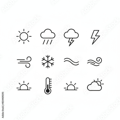 Minimal black and white weather vector icon set with sun, cloud, rain, storm, lightning, snowflake, wind, fog, thermometer, sunrise, sunset and partly cloudy outline designs