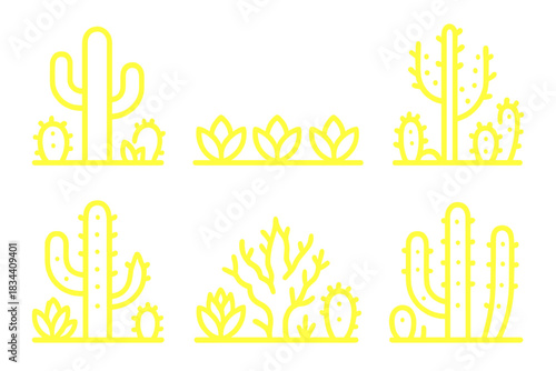 Neon Desert Flora. Solid style icons of luminous xerophyte arrangements: glowing desert plants, neon succulent rows, radiant arid